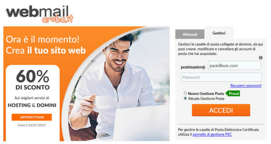 La schermata di accesso alla gestione della webmail di Aruba