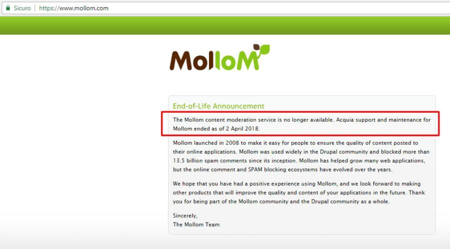 Screenshot del sito Mollom.com